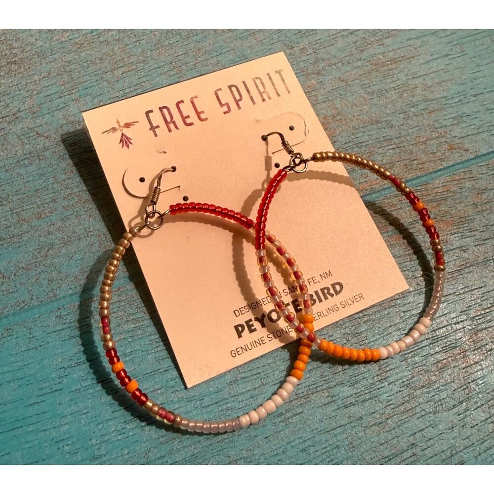 NWT Peyote Bird Free Spirit Silver Hoops w/ Red Beaded Accent Earrings